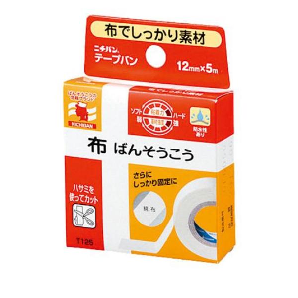 ●ニチバン テープバン 布ばんそうこう T125●綿布にゴム系粘着剤を塗布した布絆創膏です。●ガーゼや包帯止め、指先などの保護に。●規格：幅12mm×長さ5m