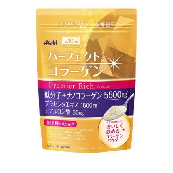 ●アサヒグループ食品 パーフェクトアスタコラーゲン パウダー Premier Rich（プレミアリッチ）●いきいき、キレイな毎日に。●サッと溶かしておいしく飲める、飲みやすいコラーゲンパウダーです。●