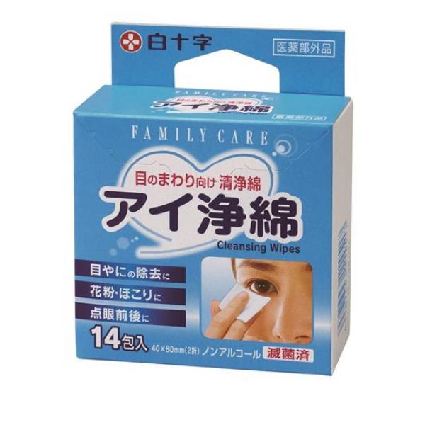 ●白十字 Family Care（ファミリーケア）アイ浄綿●目のまわり向け清浄綿。●目やにの除去に。●花粉・ほこりに。●点眼前後に。●清浄綿で目を清潔に。●滅菌済、医薬部外品、ノンアルコール。