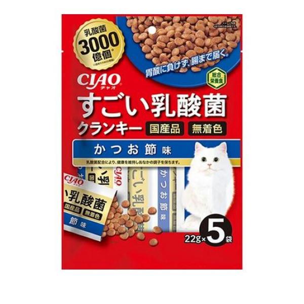 ●1袋(22g)に乳酸菌100億個を配合したドライフード。ねこちゃんの健康を維持し、お腹の調子を保ちます。●猫ちゃんの好きなかつお節味に仕上げました。●この商品は、ペットフード公正取引協議会の定める分
