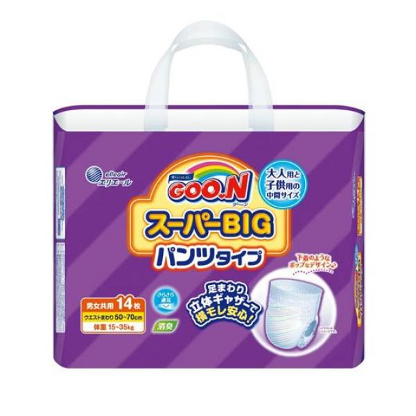 ●エリエール グーン スーパービッグ パンツタイプ●下着のような使いやすさと安心の吸収量！ベビー用・大人用のどちらのサイズにも合わなかった方のための中間サイズの紙おむつです。●ベビー用と大人用の中間サ