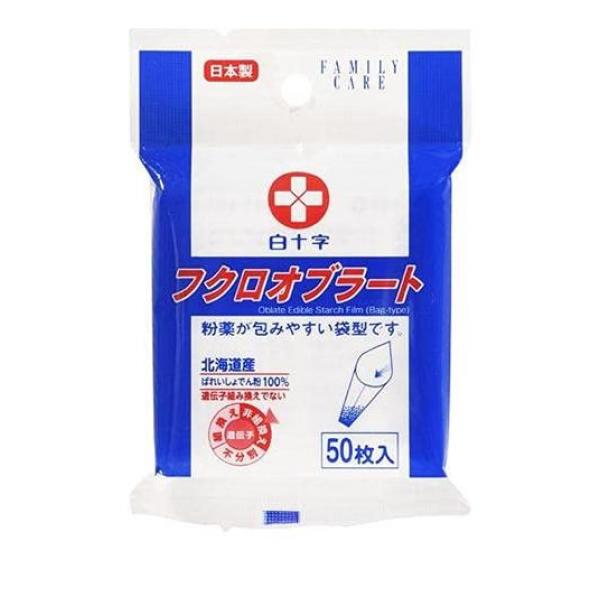●白十字 Family Care（ファミリーケア）フクロオブラート●粉薬が包みやすい袋型のオブラートです。●100%天然成分。●非遺伝子組替え、北海道産ばれいしょでん粉を使用しているため安心です。
