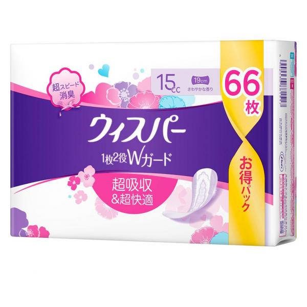 ●ウィスパー 1枚2役Wガード 15cc 19cm さわやかな香り●おりものも、水分も。サッと吸水 においも安心。●超吸収 超消臭 さらに超快適。●ウィスパーなら、超吸収、超消臭の安心さだけでなく、快
