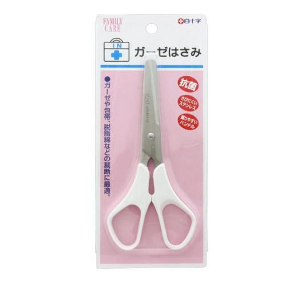 ●白十字 Family Care（ファミリーケア）ガーゼはさみ●抗菌／さびにくいステンレス／握りやすいハンドル●裁断しにくいガーゼ、包帯、脱脂綿などをカットするのに適したはさみです。●先端に丸みをつけ
