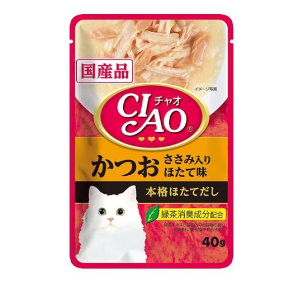 ●いなばペットフード CIAO（チャオ）パウチ かつお ささみ入り ほたて味 IC-203●猫用ウェットフード●素材を細かくペースト状にしました。愛猫の喜ぶ素材をトッピングしたシリーズです。●かつお、