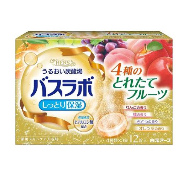 ●白元アース HERSバスラボ 4種のとれたてフルーツ●うるおい炭酸湯でゆったりバスタイム。スキンケアタイプの炭酸ガスの薬用入浴剤。●なめらかな泡が湯面にただよい、お湯にとけてすべすべな肌ざわりに。●