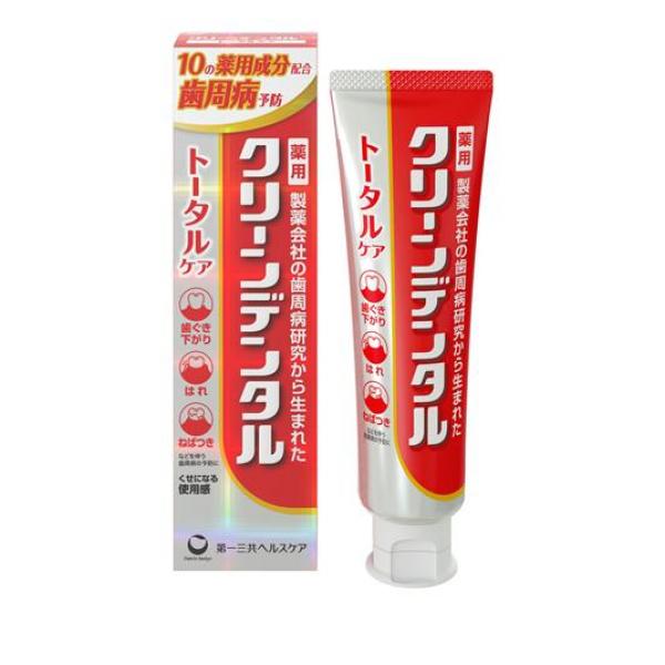 ●第一三共ヘルスケア クリーンデンタル トータルケア●10の薬用成分配合。歯周病予防にトータルケア。製薬会社の歯周病研究から生まれた薬用歯みがき。●3種の殺菌成分と2種の消炎成分など、選び抜かれた10