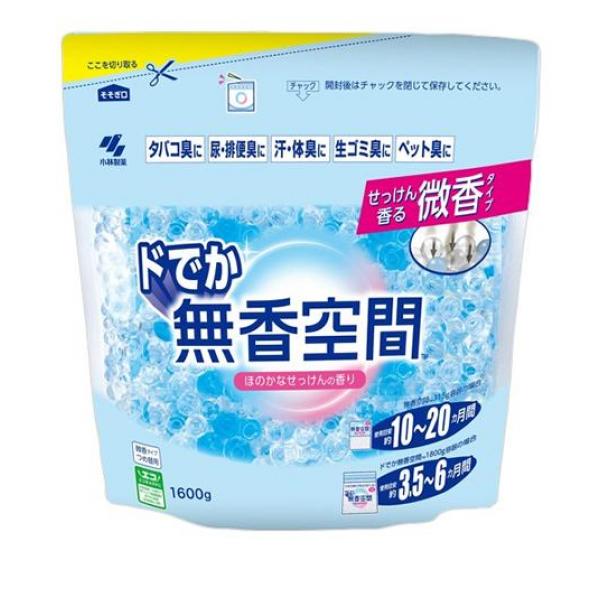 ●小林製薬 ドでか無香空間 ほのかなせっけんの香り●ほのかに香りが漂う微香タイプの消臭剤です。●各種の消臭作用を持つアミノ酸系消臭成分を配合。透明ビーズが様々な気になるニオイを効果的に消臭します。●ニ
