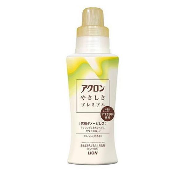 ●ライオン アクロンやさしさプレミアム グリーンシトラスの香り●すすぎ0回だから洗濯中の衣類へのダメージを徹底的に抑え、アクロン史上最高レベルのプレミアムな仕上がりを実現する柔軟成分入り洗たく用洗剤（
